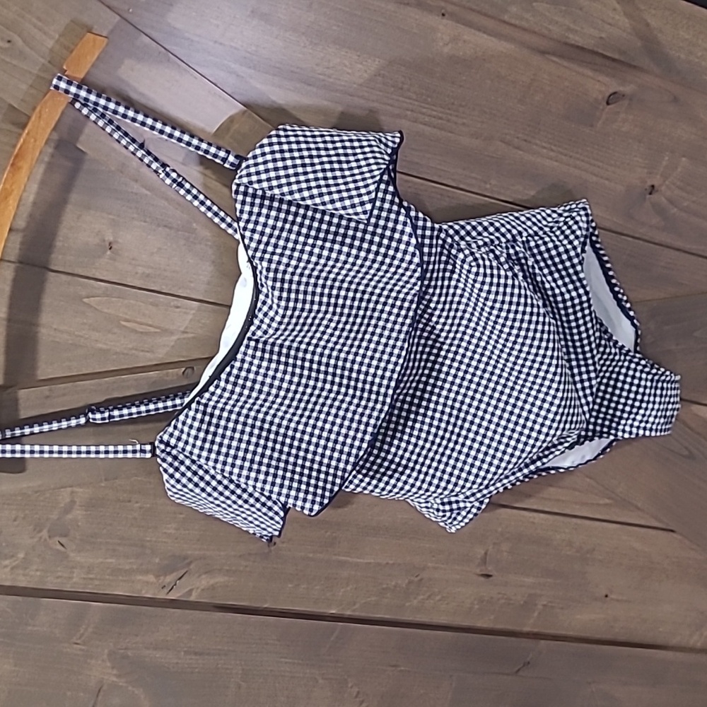Kona Sol Navy Gingham Ruffle Top Rauched Bodice One Piece Swim Suit M